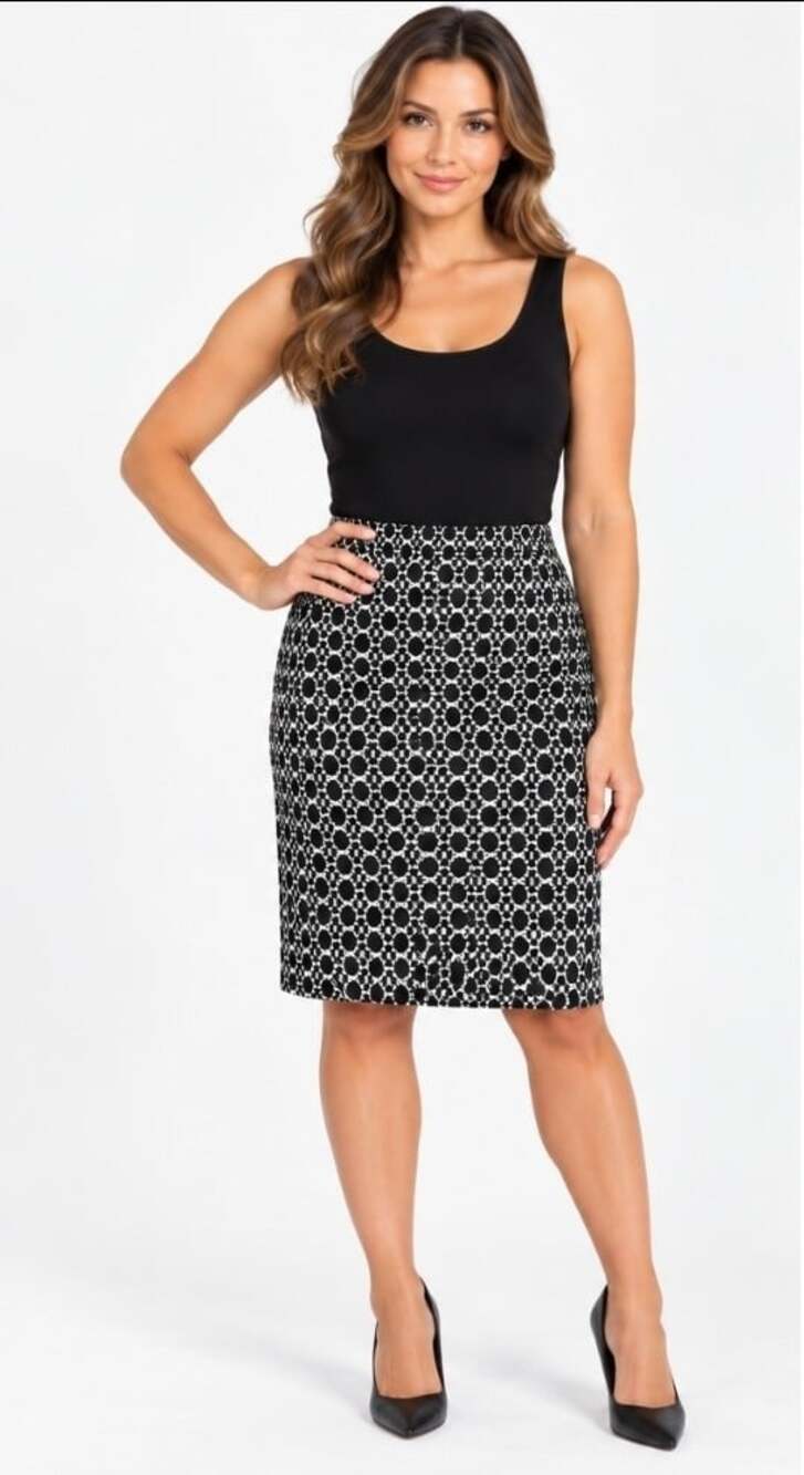 Emi & Joe Women’s Sz M Black White Geometric Print Pencil Skirt Knee Length T110